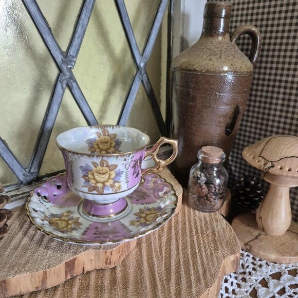 SHAFFORD Vintage Tea Cup Iridescent Pink & Gold - Picture 3 of 8